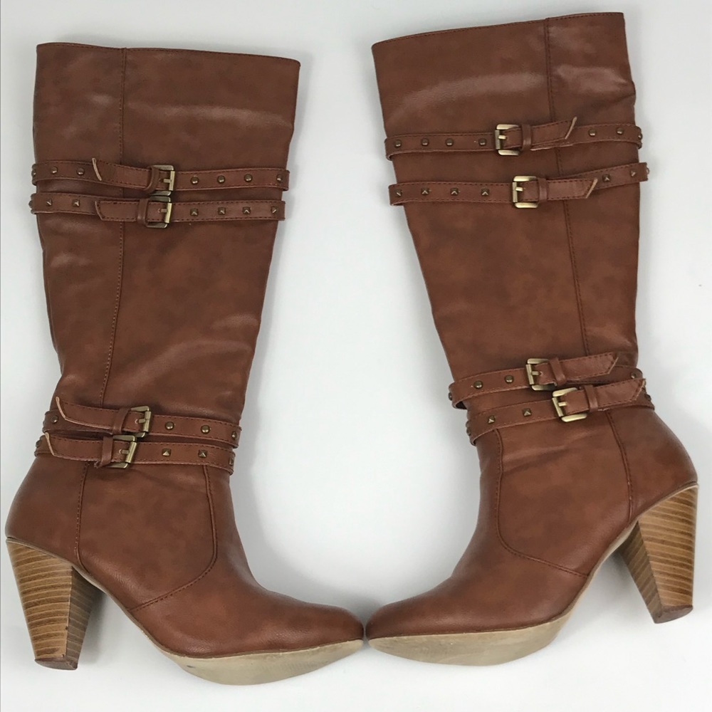 Justfab Brown Knee High Boots Buckles Tall